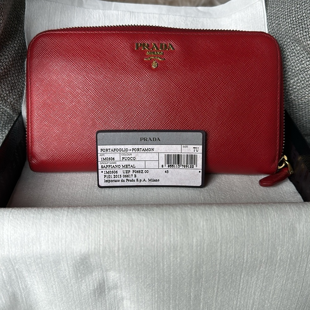Prada Red Saffiano Long Zipper Wallet EUC